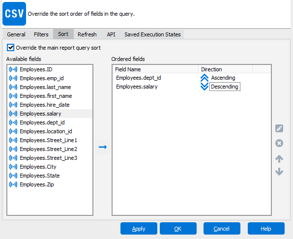 Edit Report dialog with the Sort tab selected.  The available database fields are in the listbox to the left.  In the Ordered fields pane to the right, the Department I D field is sorted by ascending,  and Salary is sorted by descending.